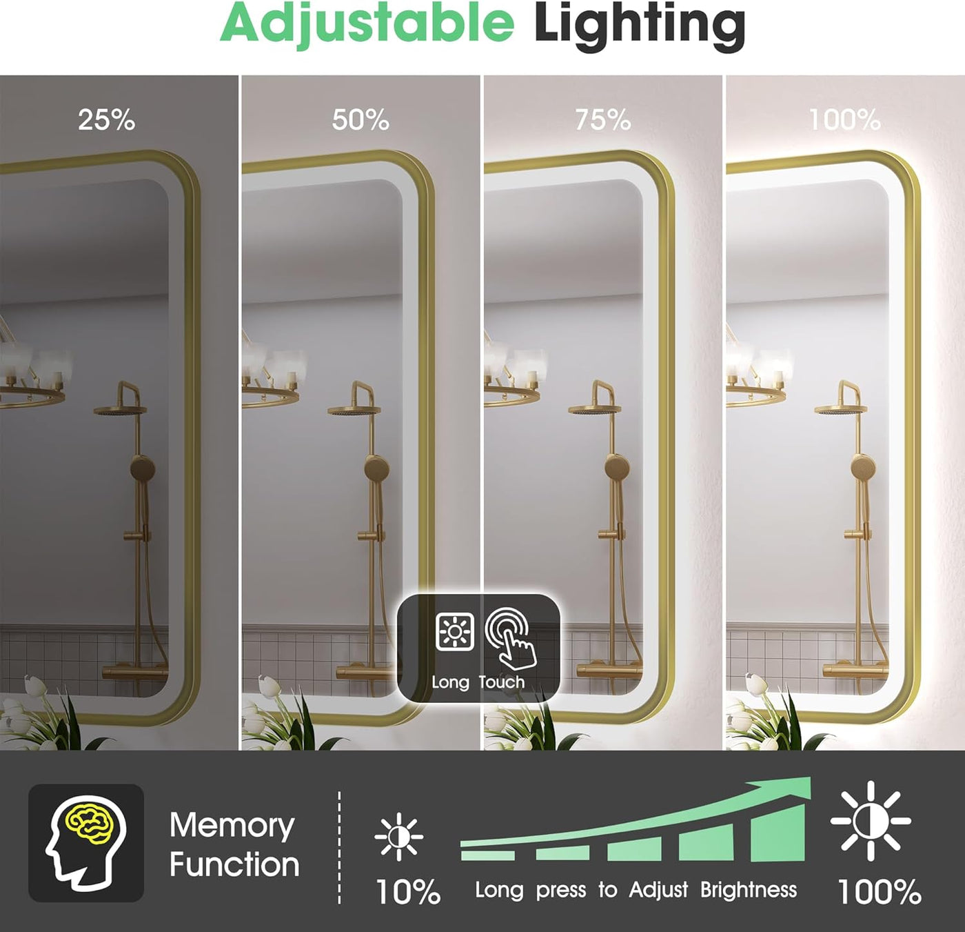 Adjustable lighting demonstration on a mirror with different brightness levels.