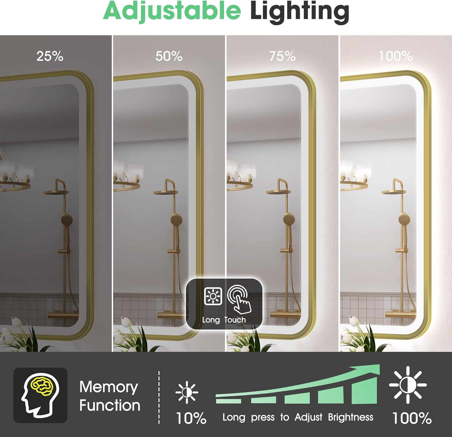 Adjustable lighting demonstration on a mirror with different brightness levels.