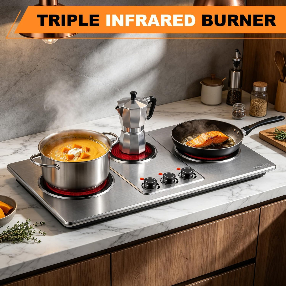 Electric Hob 2700W Infrared Triple Burner Portable Hot Plates Cooking CUSIMAX