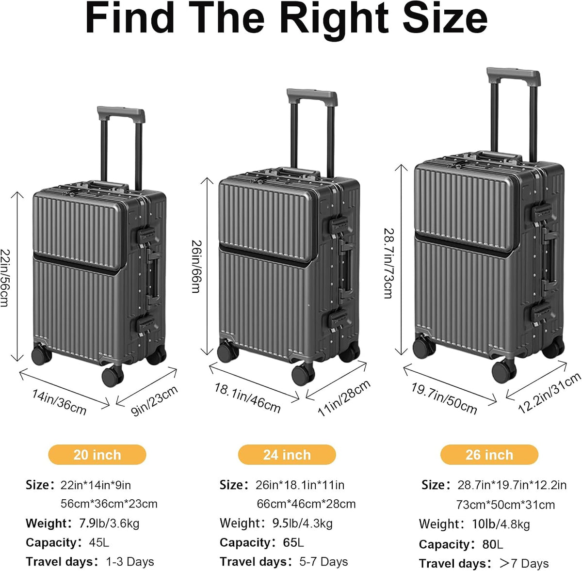 24 Inch Suitcase Hard Shell TSA Lock Aluminium Frame Dark Grey Spinner Luggage