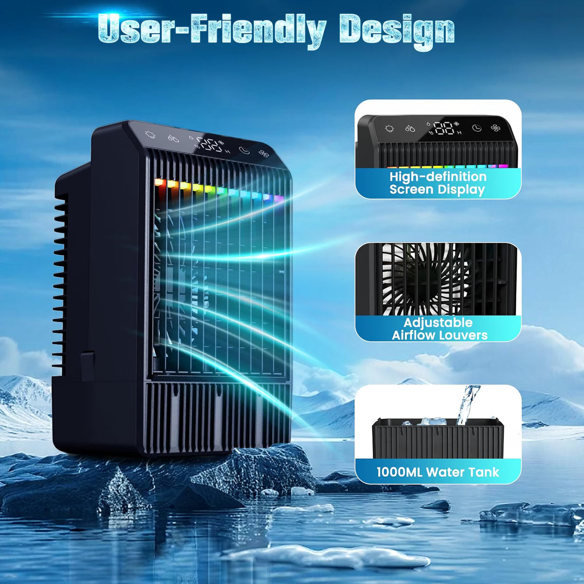 Portable Air Conditioner 4 in 1 1000ml Air Cooler Humidifier 4 Speed Mini AC Fan