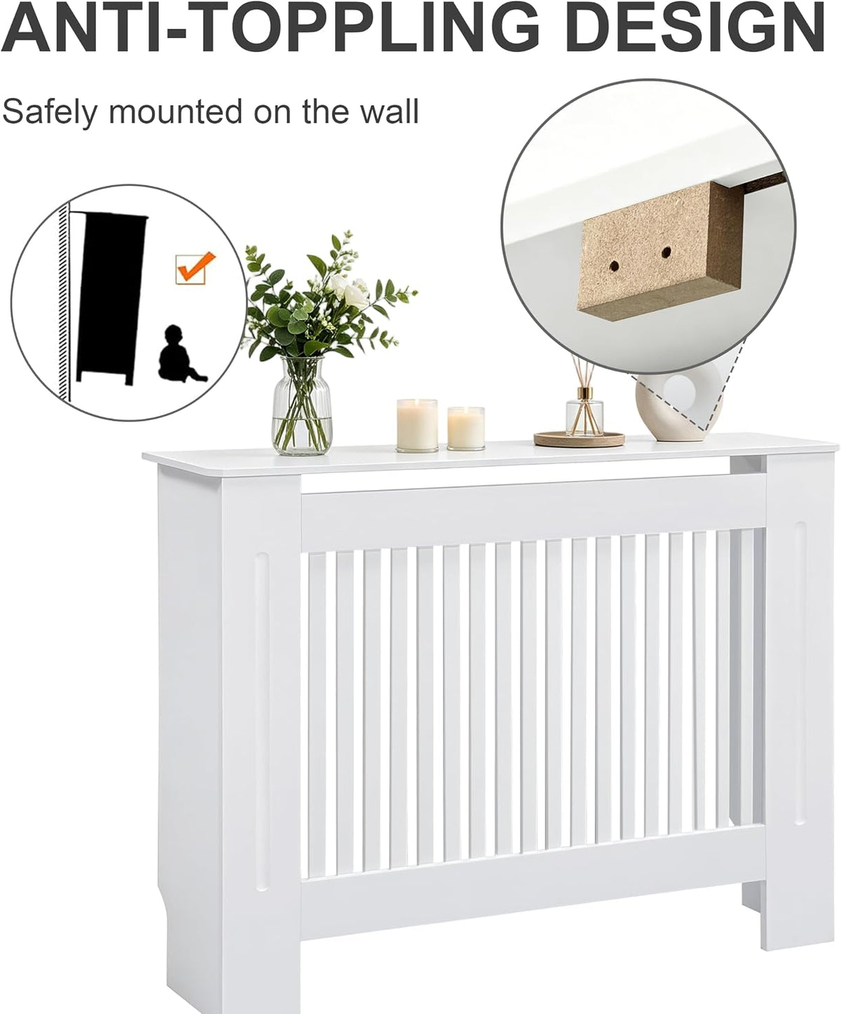 Radiator Cover 100cm Tall White MDF Horizontal Slat Medium Cabinet Fativo