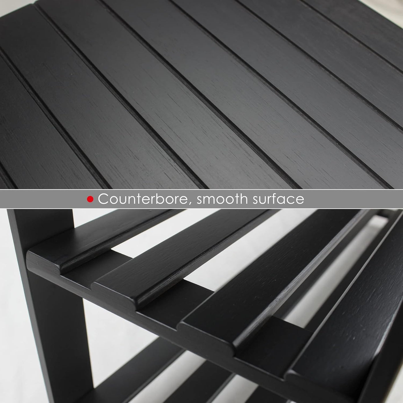 Black wooden shelf with a smooth surface on a white background