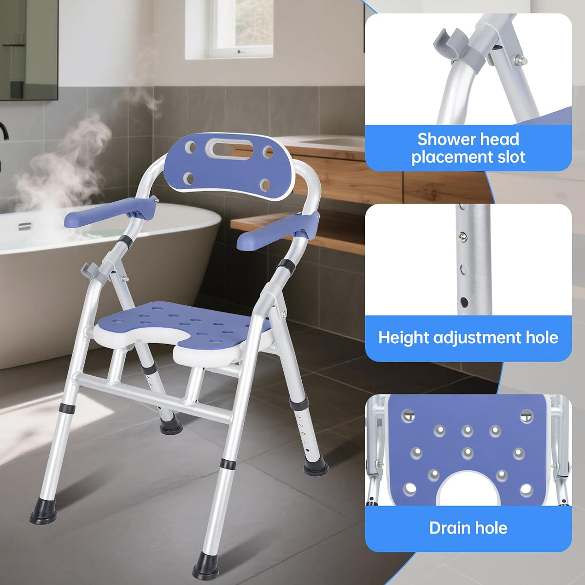 Foldable Shower Chair Adjustable Height Bath Stool Bathroom Seat OUUTMEE Support