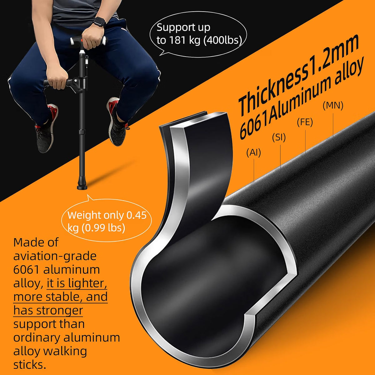 Adjustable Walking Stick Light 2nd Handle Extra Support Seniors Men Women Cane