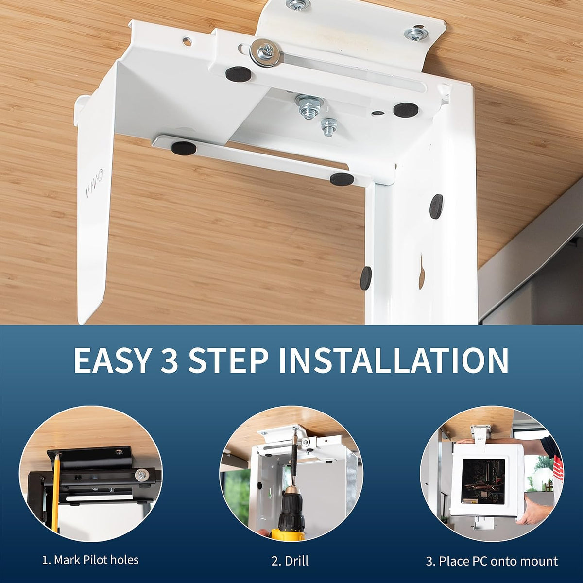 Under Desk PC Mount 3.5-7.8 Inch Adjustable CPU Holder White VIVO