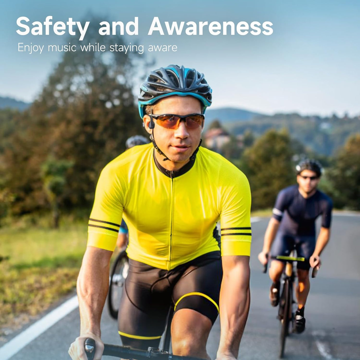 Two cyclists on a road with safety and awareness text overlay.