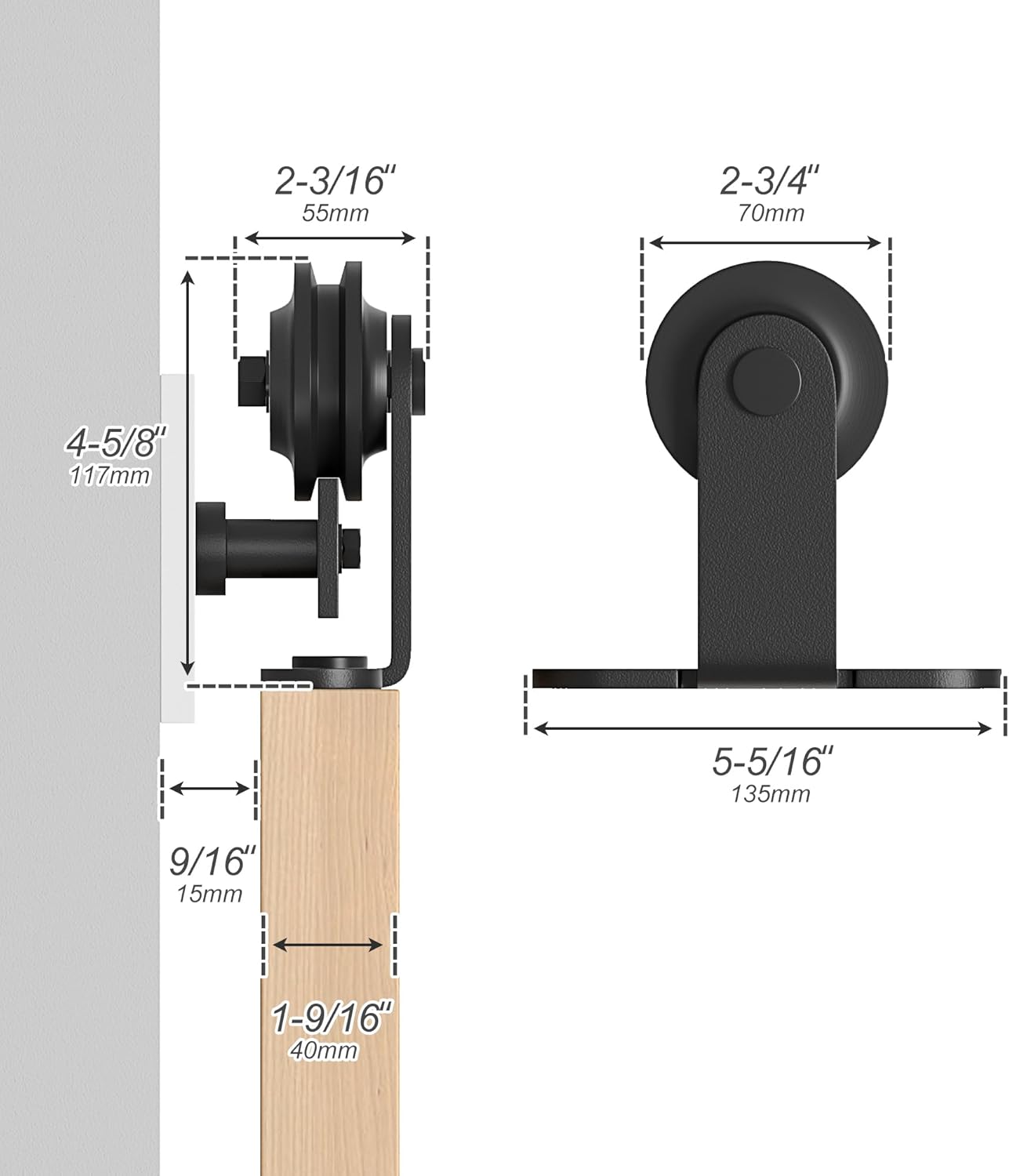 Measurement chart of a sliding door roller system with dimensions labeled.
