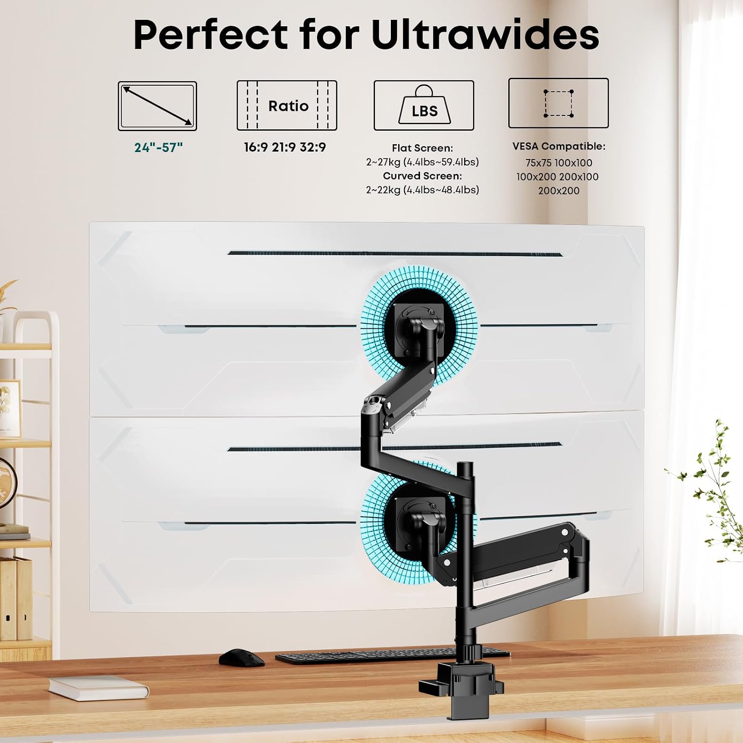 Dual Monitor Arm 24-57 Inch Heavy Duty 27kg VESA 200 Ultrawide Stacked Display