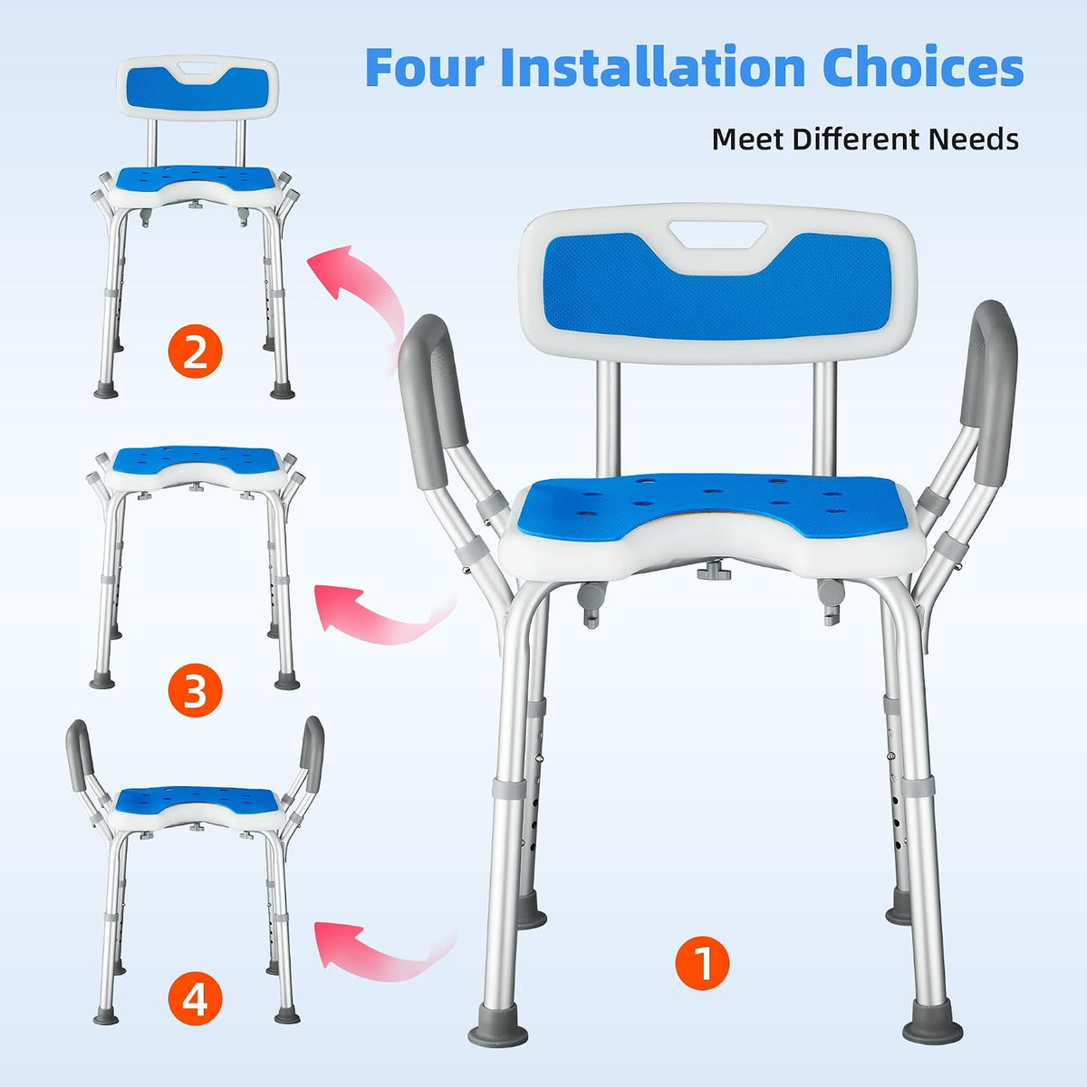 Shower Chair U Shaped Adjustable Height Back Arms Anti Slip Padded Bath Seat