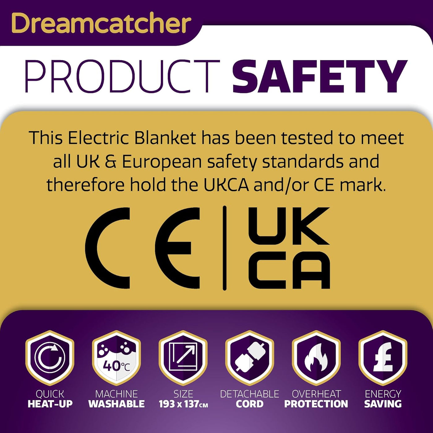 Product safety label for an electric blanket with CE and UKCA markings on a purple and yellow background.