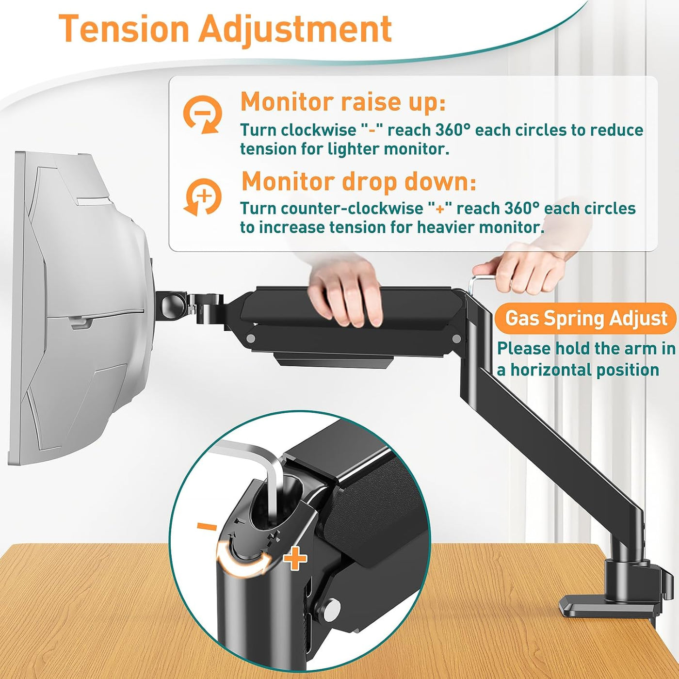 Monitor arm with tension adjustment mechanism on a wooden desk.