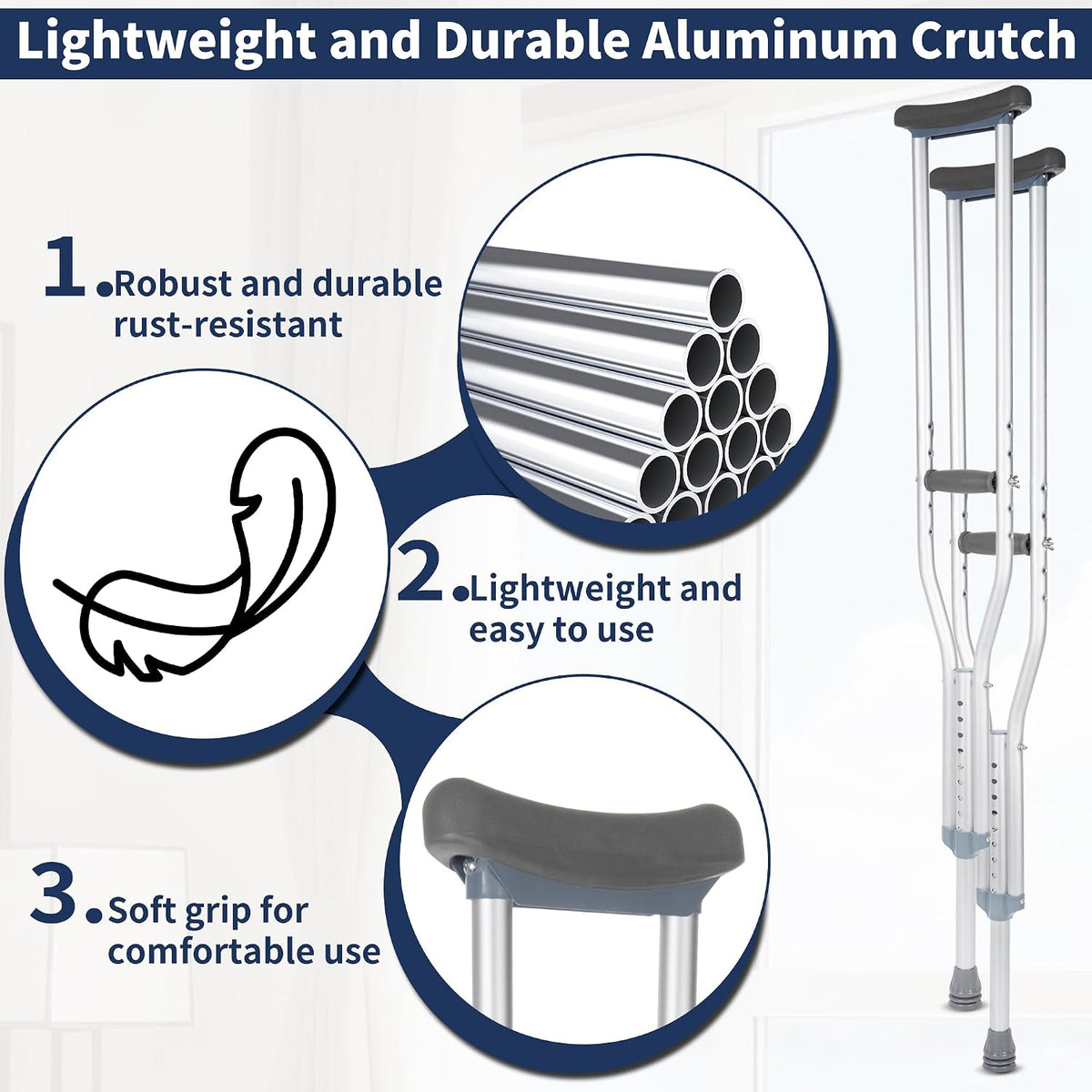 Underarm Crutches Set of 2 Adjustable Aluminium 150kg Padded Handles Large