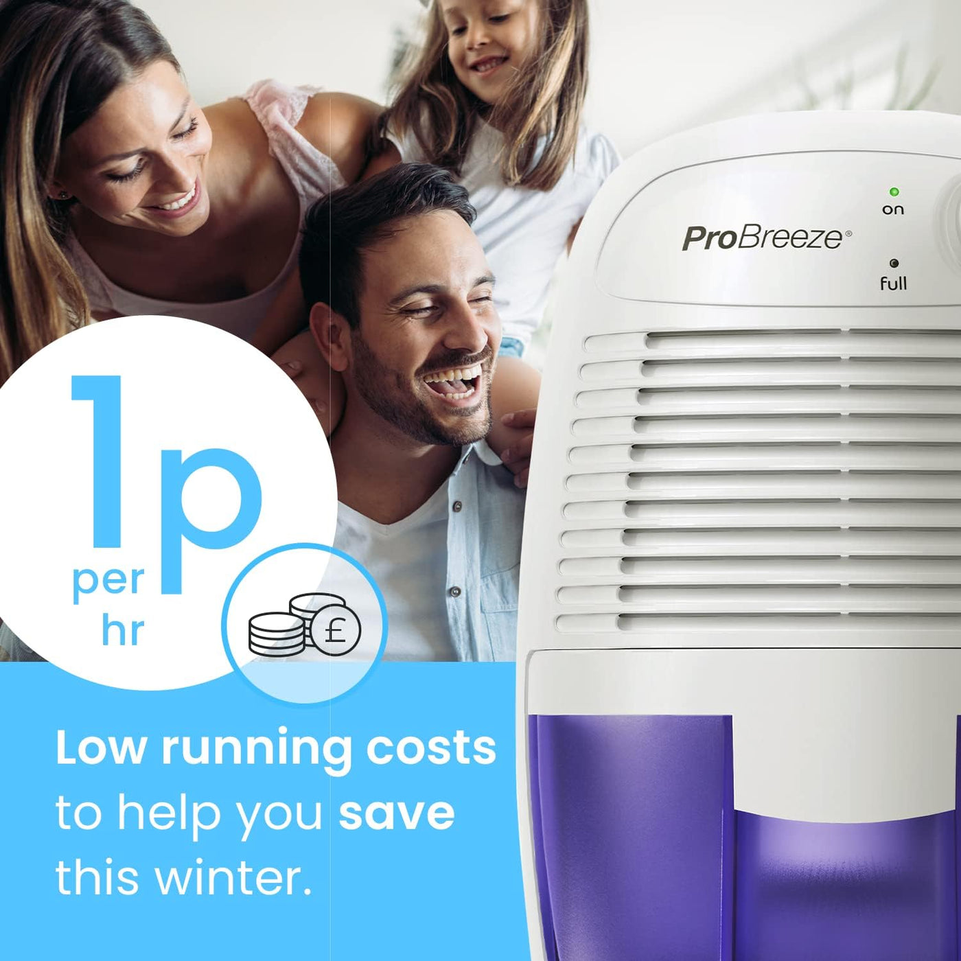 Dehumidifier with family in the background and text about low running costs.