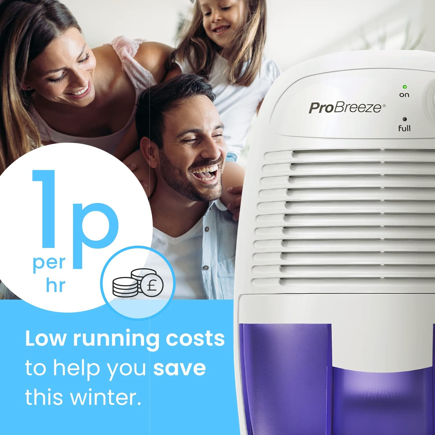Dehumidifier with family in the background and text about low running costs.
