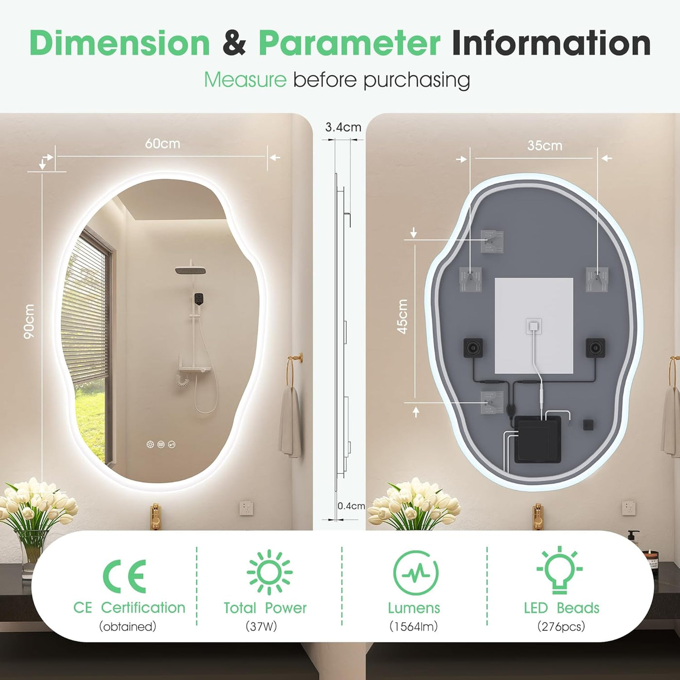 Measurement chart of a bathroom mirror with dimensions and technical details.