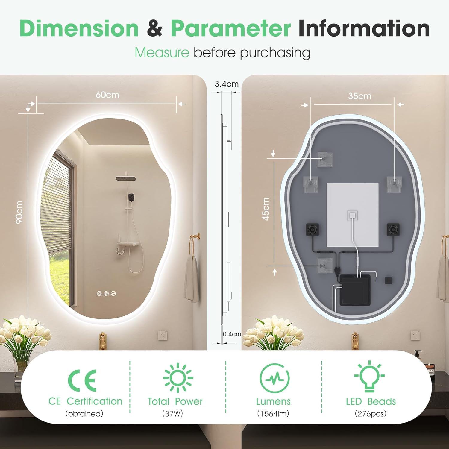 Measurement chart of a bathroom mirror with dimensions and technical details.