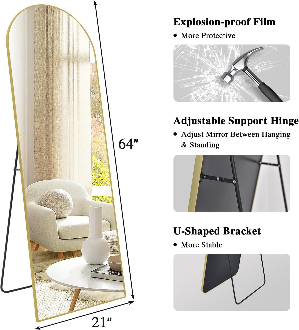 Full Length Mirror 147x44cm Arched Black Frame Freestanding Floor Wall Mirror