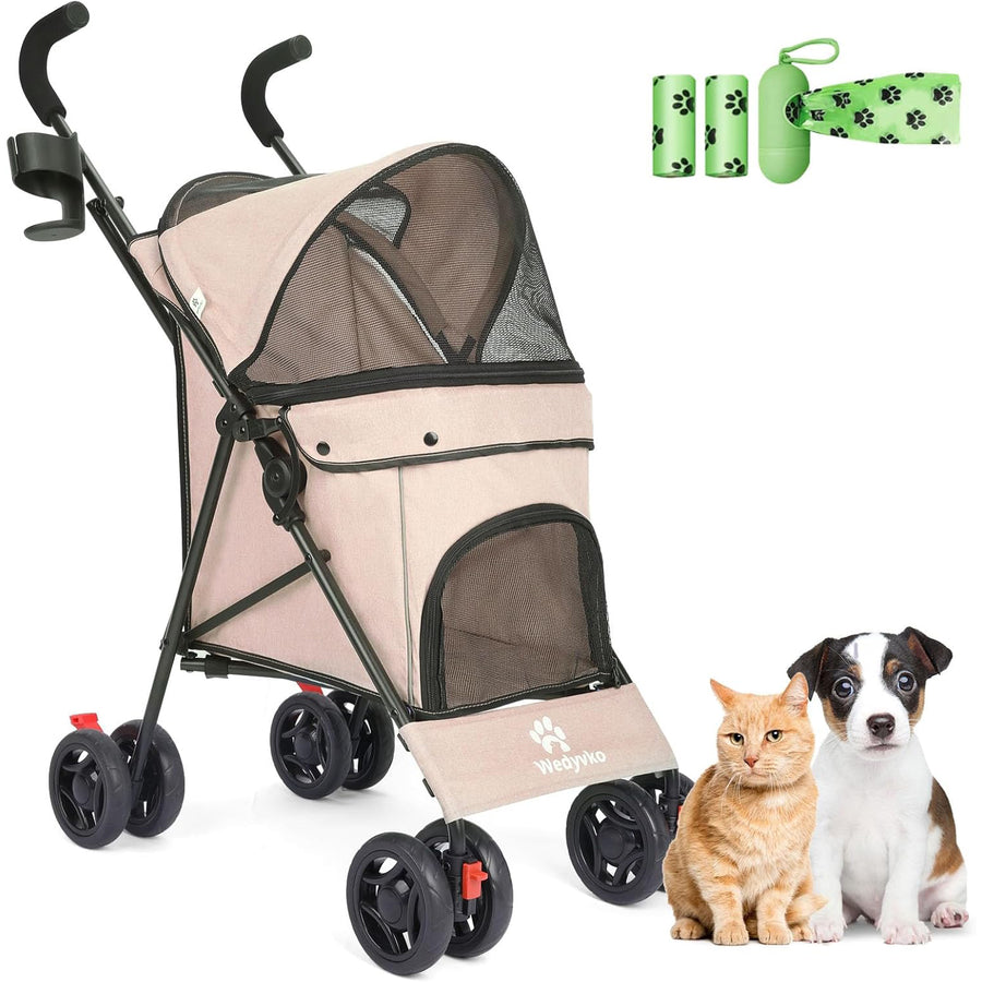 Lightweight Foldable Dog Stroller, 4-Wheel Umbrella Pram for Small Dogs 10-20lbs - Massive Discounts