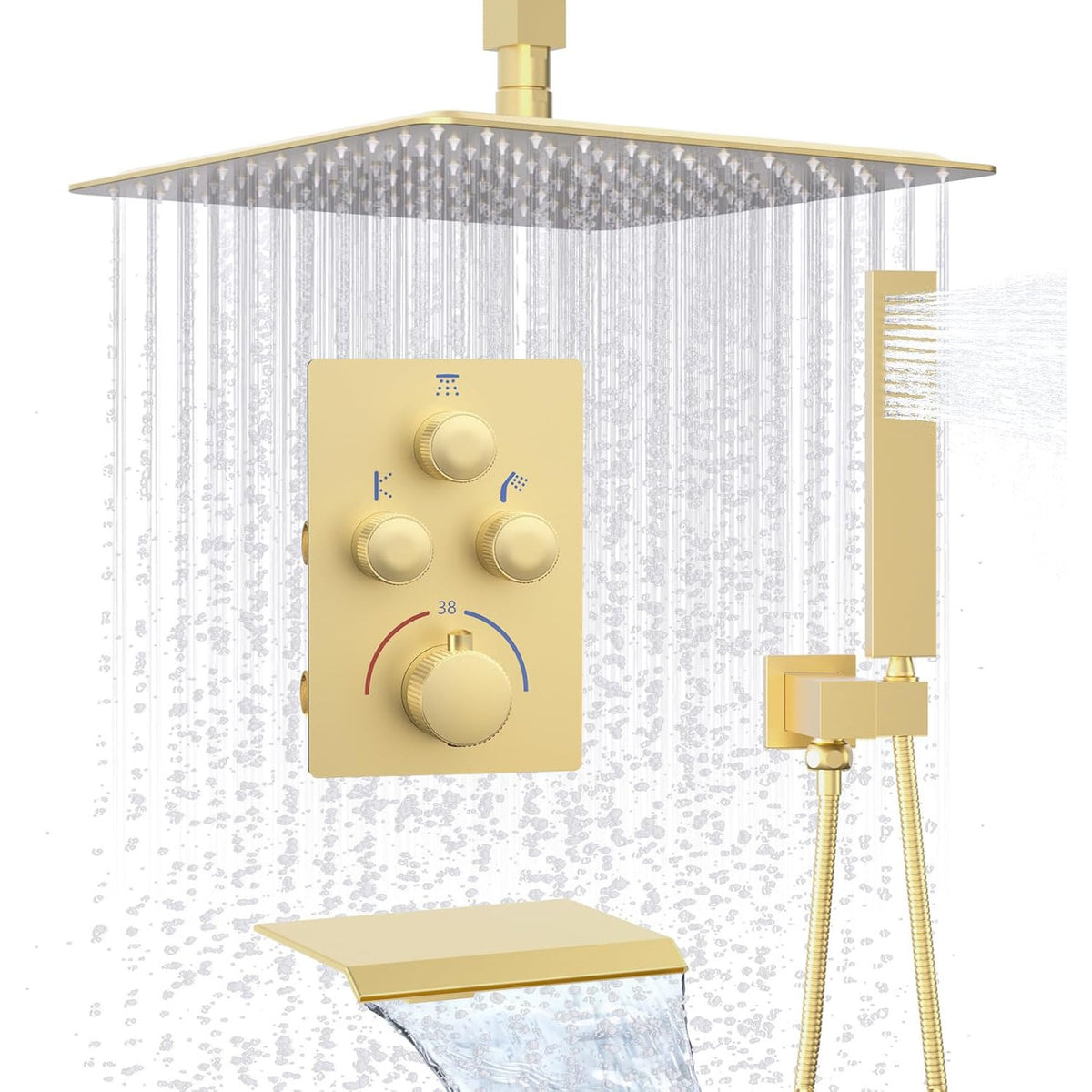 12 Inch Shower System Brass Mixer Waterfall Tub Spout Brushed Gold Bathroom Set