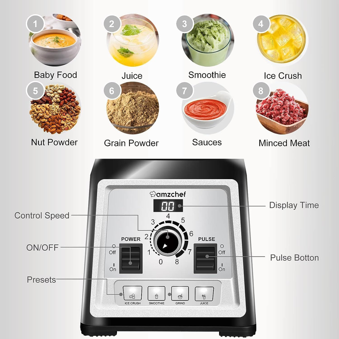 Commercial Blender 2000W 2L High Speed Smoothie Maker 25000RPM AMZCHEF