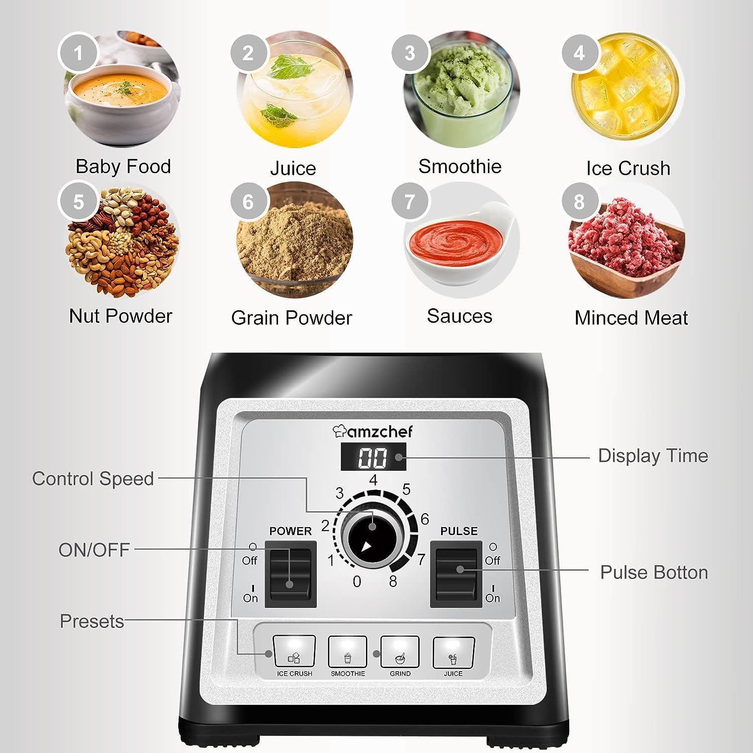 Commercial Blender 2000W 2L High Speed Smoothie Maker 25000RPM AMZCHEF