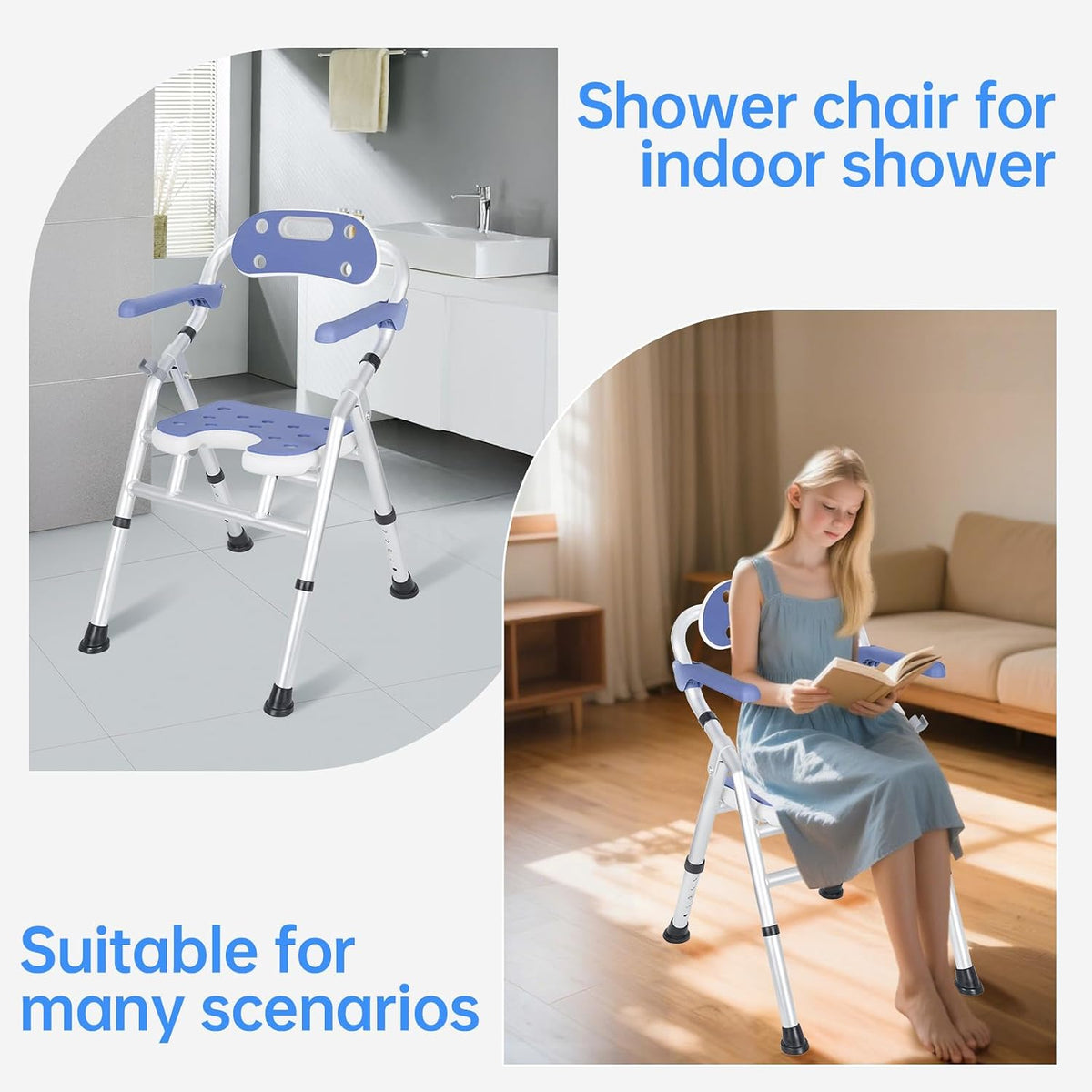 Foldable Shower Chair Adjustable Height Bath Stool Bathroom Seat OUUTMEE Support