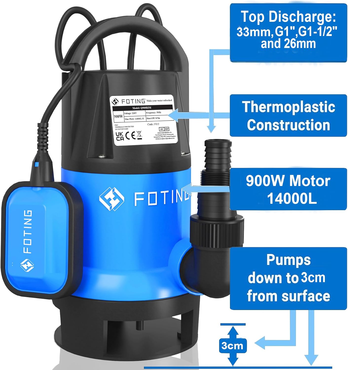 Submersible Water Pump 900W 14000L/H Float Switch Sump Pump FOTING Electric
