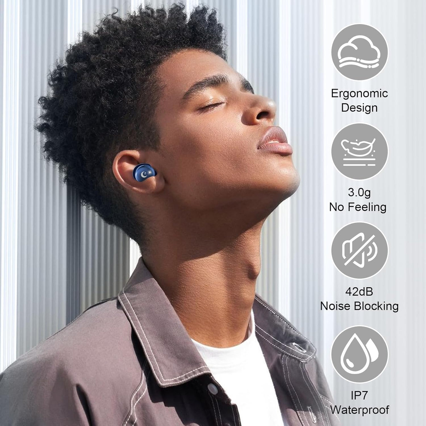 Person wearing wireless earbuds with product features displayed on the right