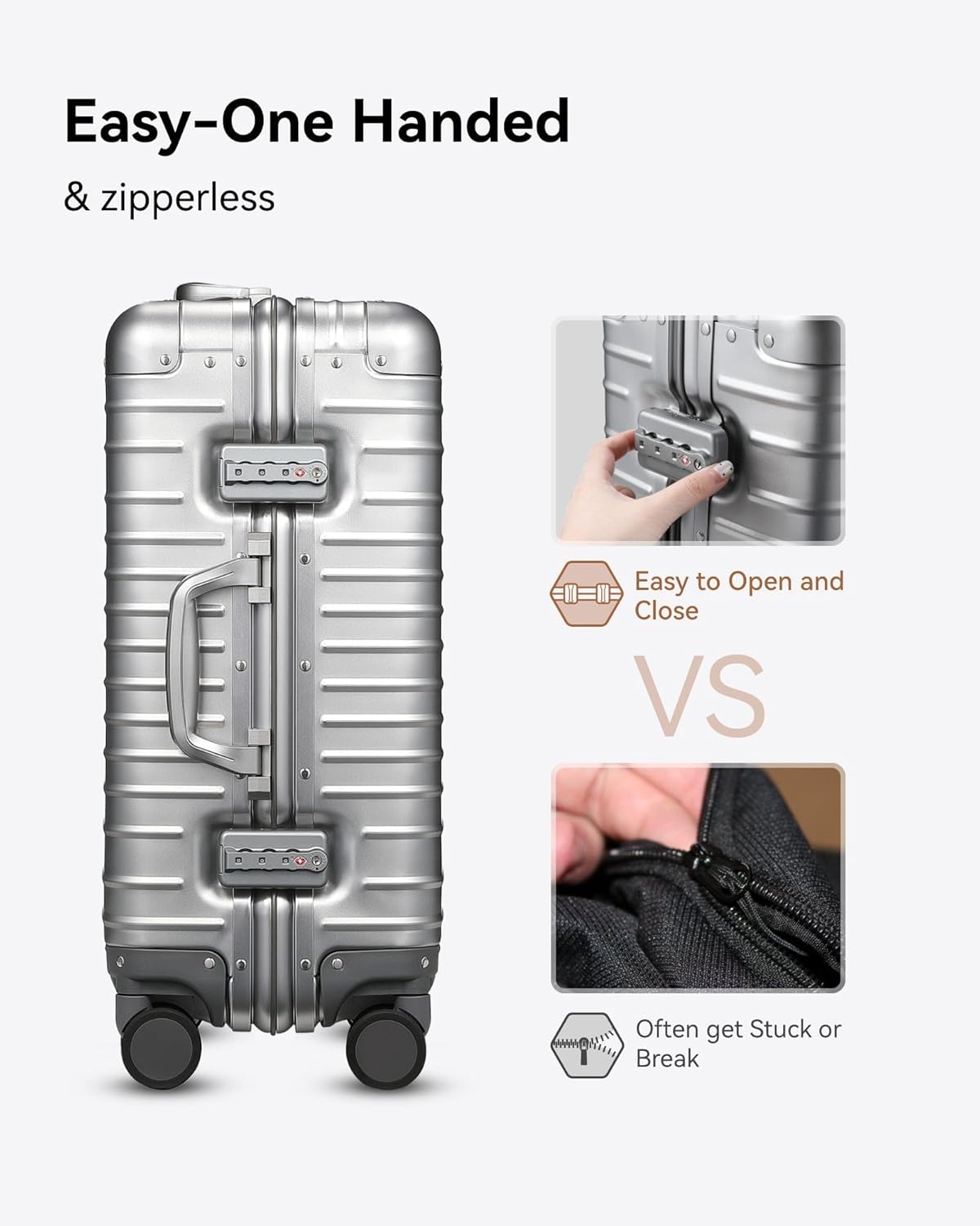 Aluminium Carry On Suitcase 55cm 40L TSA Lock 8 Spinner Wheels Silver Luggex