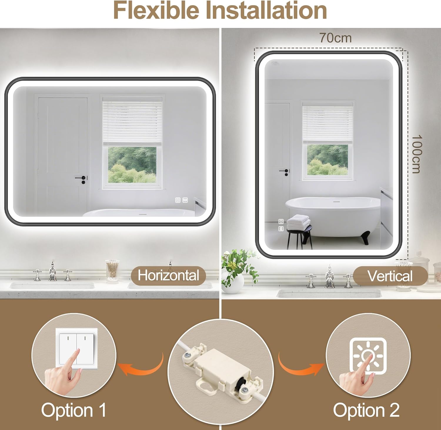 Bathroom mirror with flexible installation options shown in horizontal and vertical orientations.