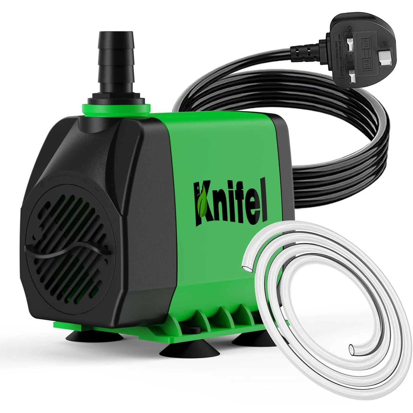 A green and black Knitel submersible water pump with a black power cord and a coiled clear silicone tube, shown on a white background.