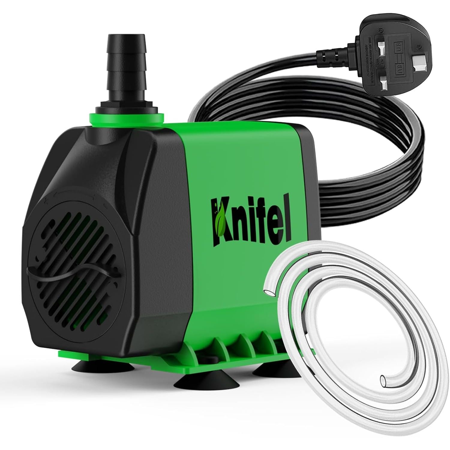 A green and black Knitel submersible water pump with a black power cord and a coiled clear silicone tube, shown on a white background.