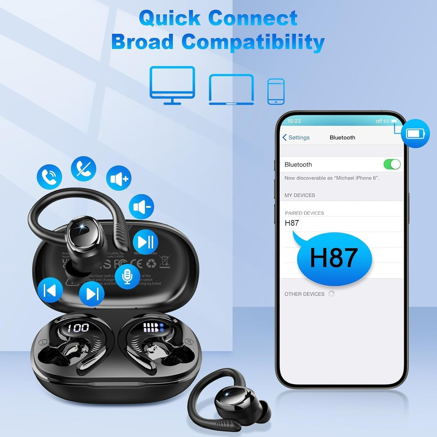 Wireless earbuds with charging case and smartphone displaying Bluetooth connection on a blue background