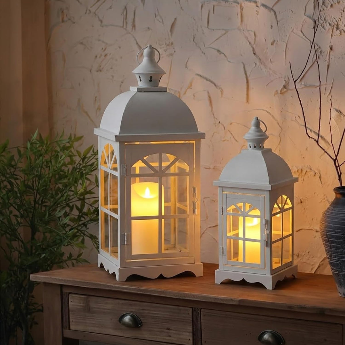 Candle Lanterns Set of 2 14.5 & 20 Inch White Vintage Farmhouse TRIROCKS