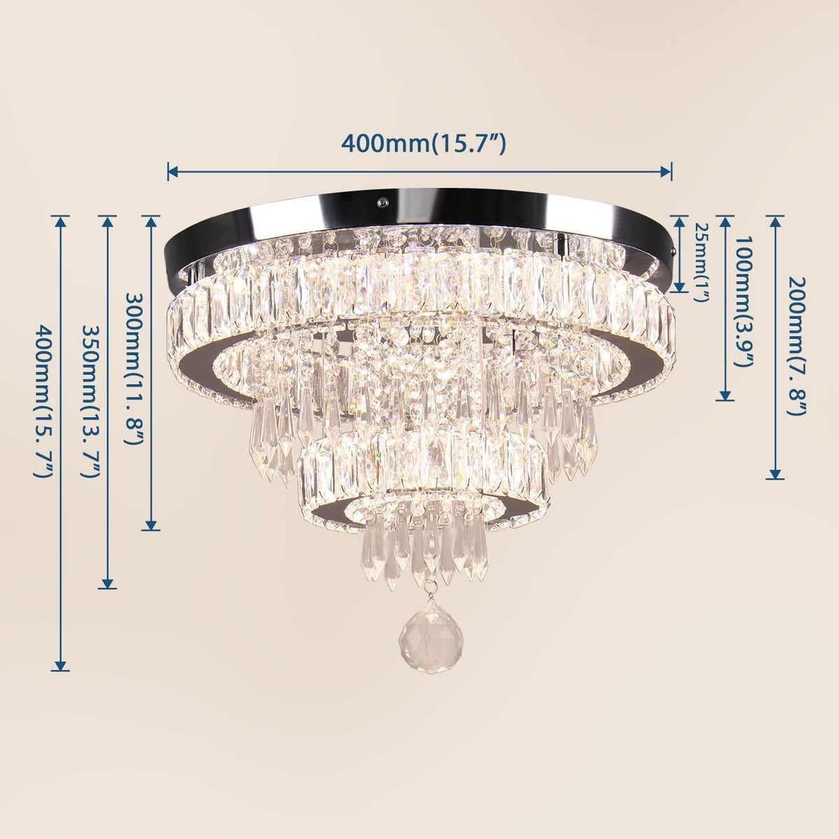 Crystal Chandelier 15.7 Inch Dimmable LED Ceiling Light Remote K9 Flush Mount