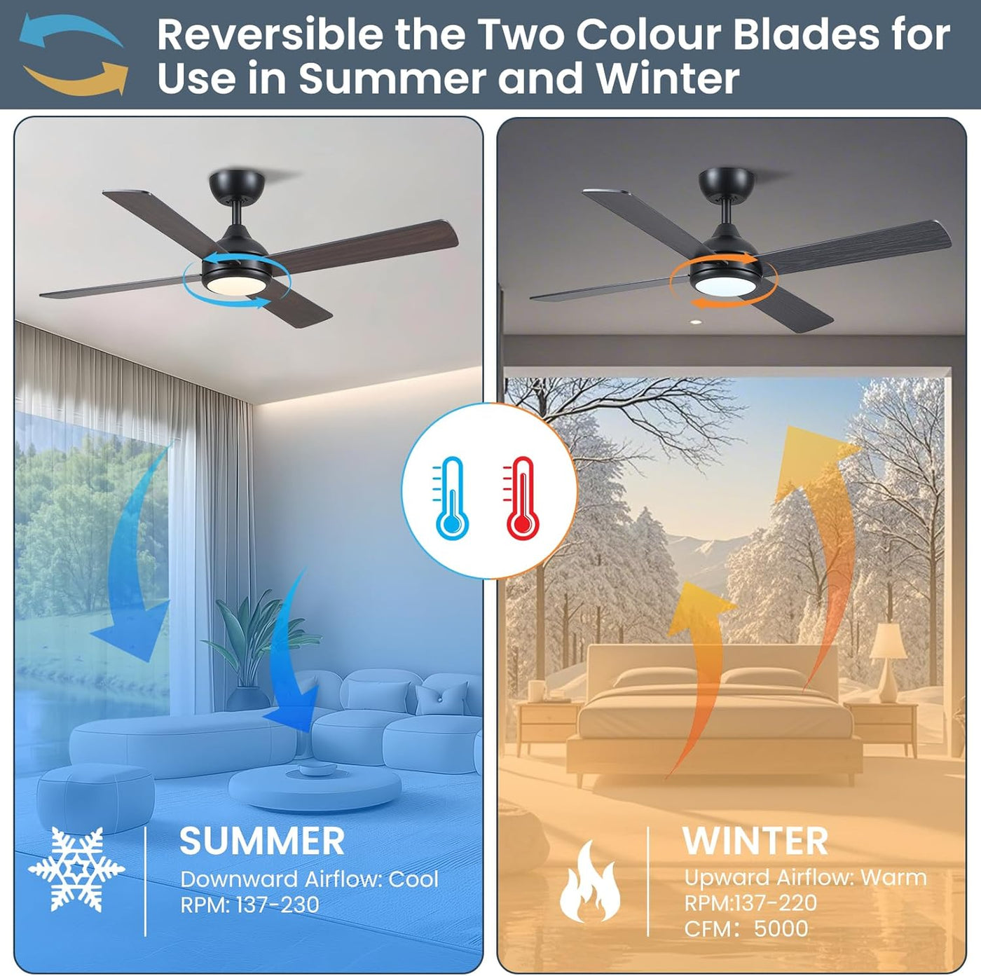 Ceiling Fan With Lights 48 Inch Remote Quiet Reversible Black CJOY