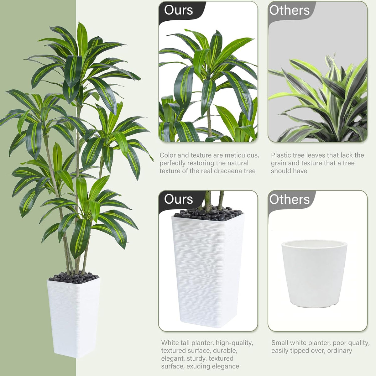 Artificial Dracaena Tree 6FT Tall Faux Indoor Plant White Planter FOSHOI Decor