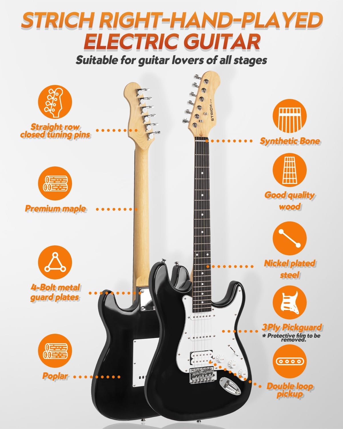 Two electric guitars with features listed on a white background