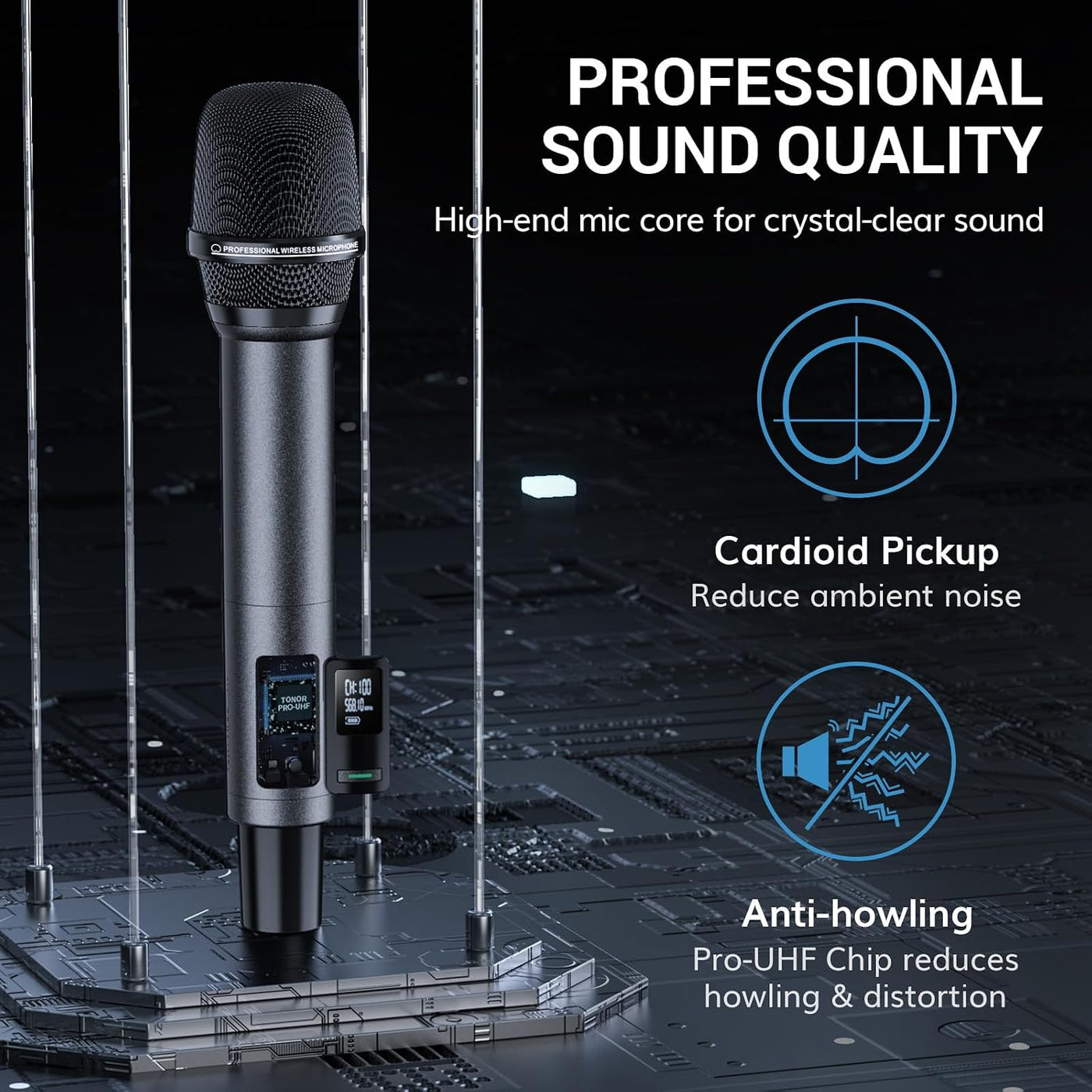 Wireless Microphone System UHF Rechargeable 80m Range Bluetooth TONOR Black