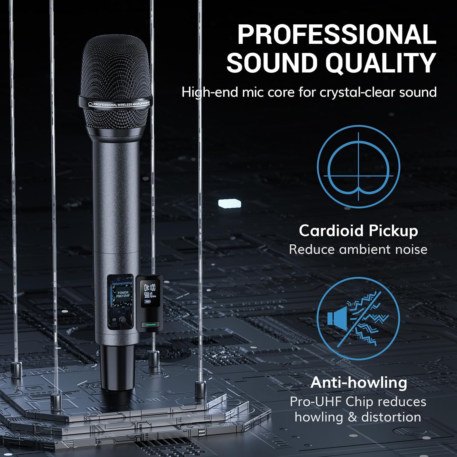 Wireless Microphone System UHF Rechargeable 80m Range Bluetooth TONOR Black