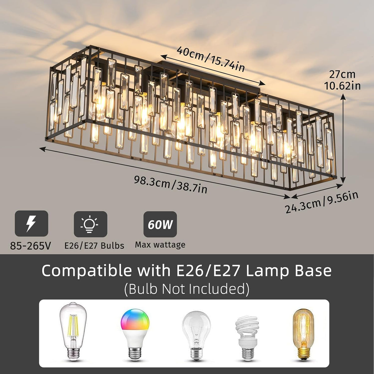 Crystal Ceiling Light 6 Light Black Rectangular Chandelier E27 Modern JIINOO
