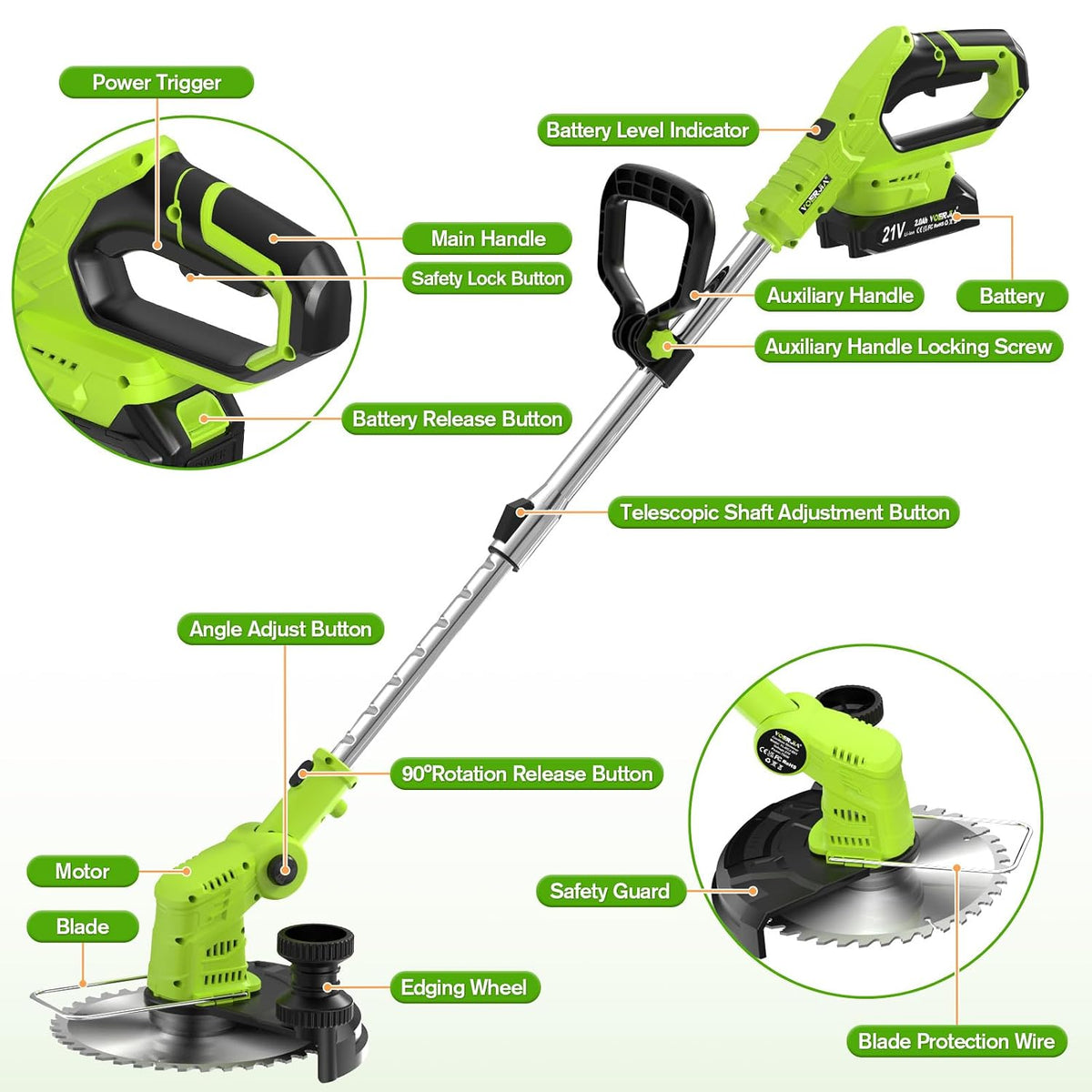 Cordless Brush Cutter Lawn Mower 2x2000mAh Batteries 6 Metal Blades VOERJIA Garden