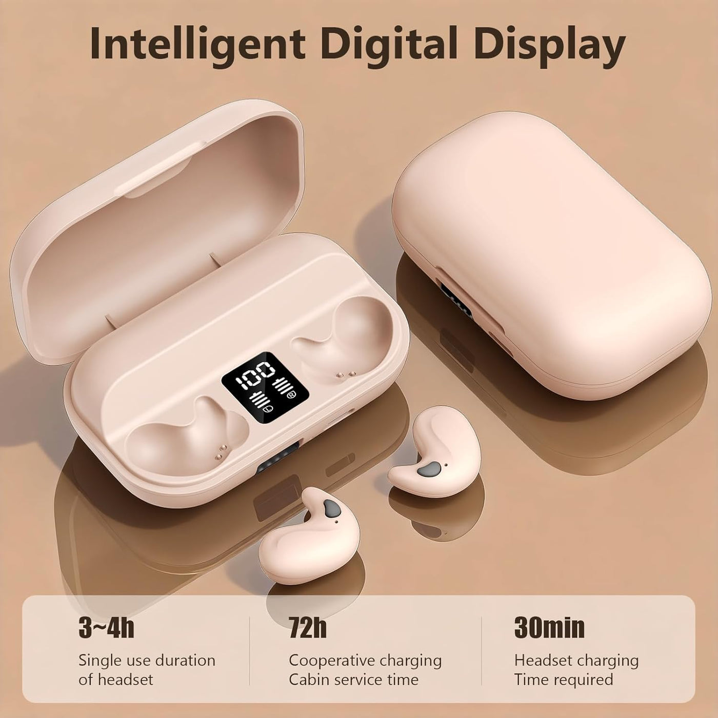 Wireless earbuds with charging case on a beige background, displaying battery life information.