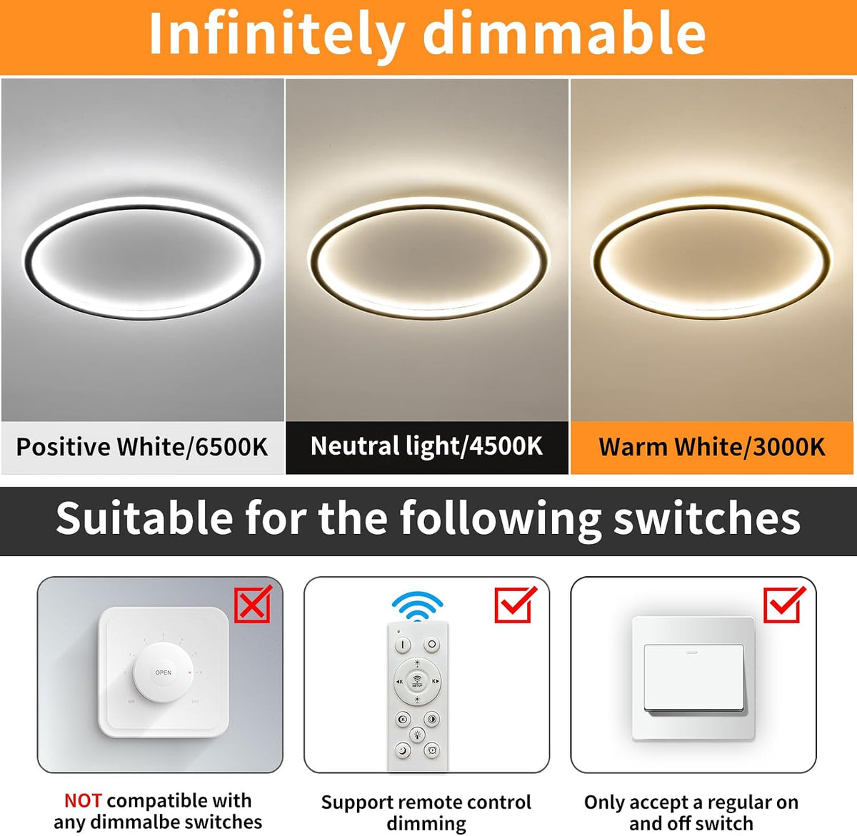 Dimmable Ceiling Light 50cm LED Remote 3 Colour Adjustable Brightness Mikeru