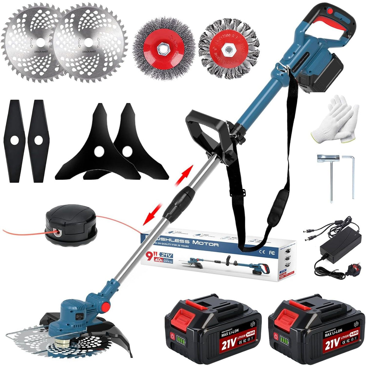 Cordless Grass Trimmer 21V 25cm 2 x 4.0Ah Batteries 5 Blade Types Strimmer