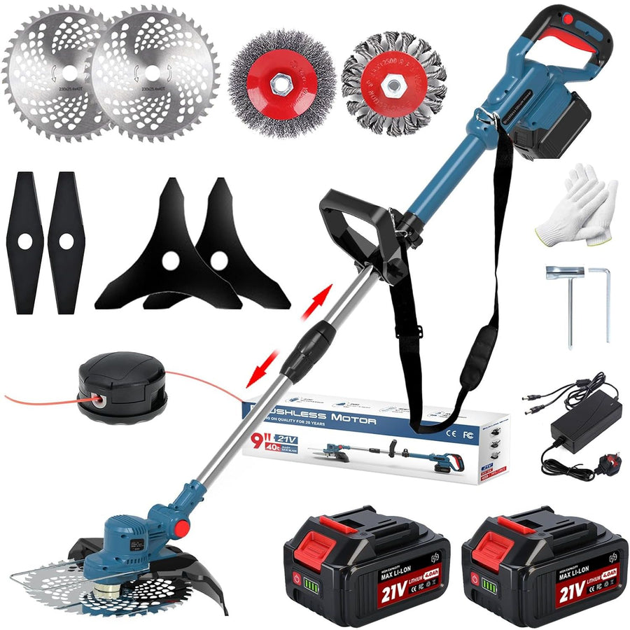 Cordless Grass Trimmer 21V 25cm 2 x 4.0Ah Batteries 5 Blade Types Strimmer