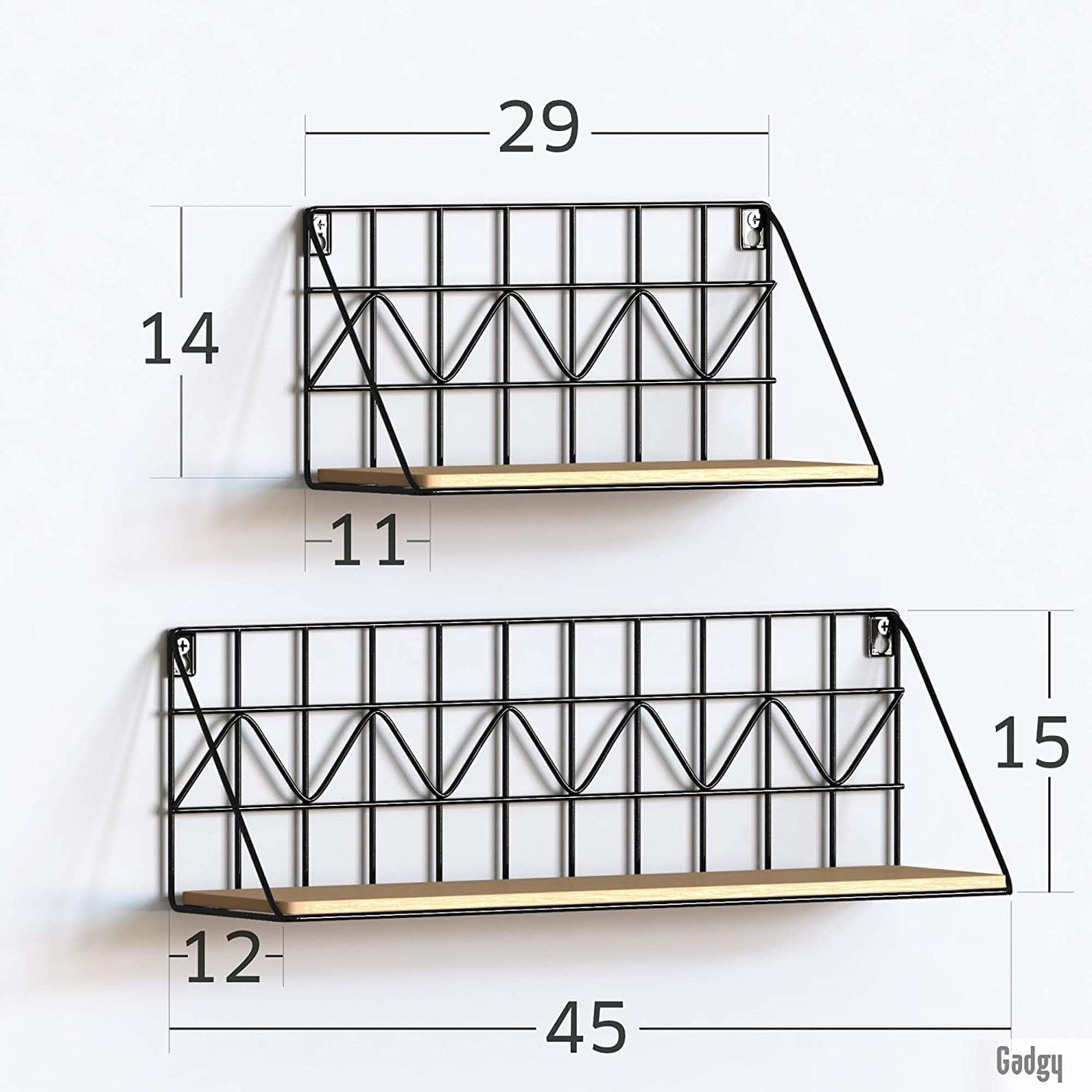 Gadgy Floating Wall Shelves Set, 2-Piece Wooden & Black Metal, Rustic Decor