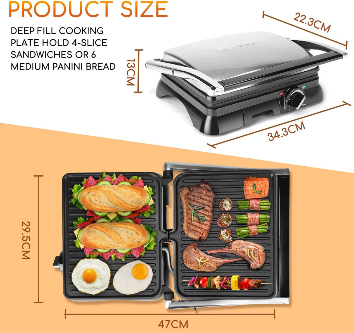Panini Press 2000W Sandwich Toaster 180° Flat Open Large Grill Aigostar Electric