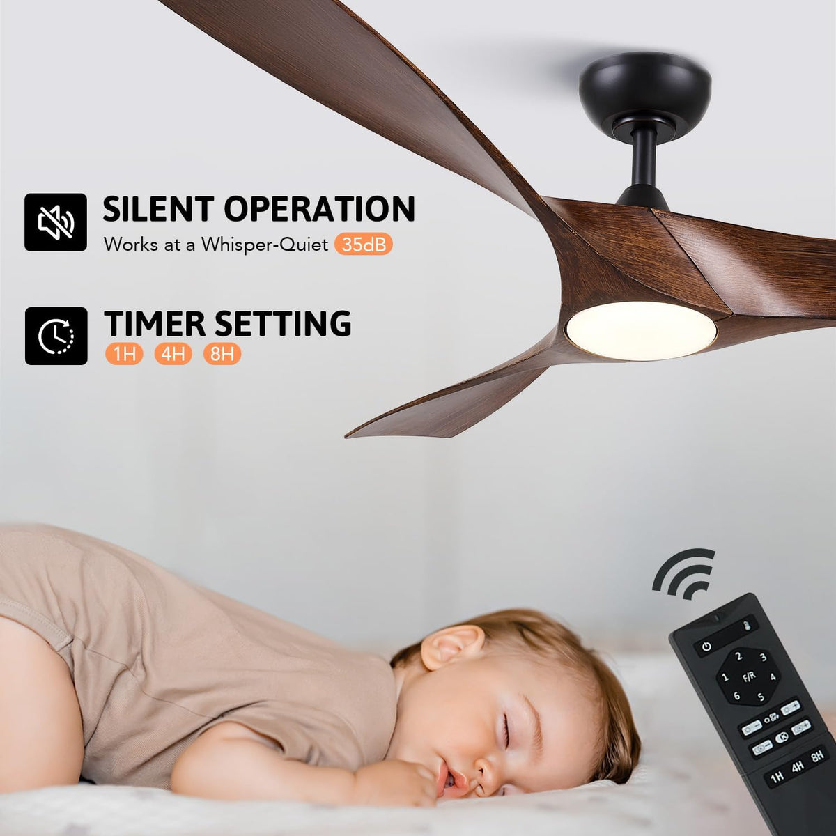 Ceiling Fan with Light 52 Inch Remote Dimmable Reversible DC Motor VONLUCE Walnut